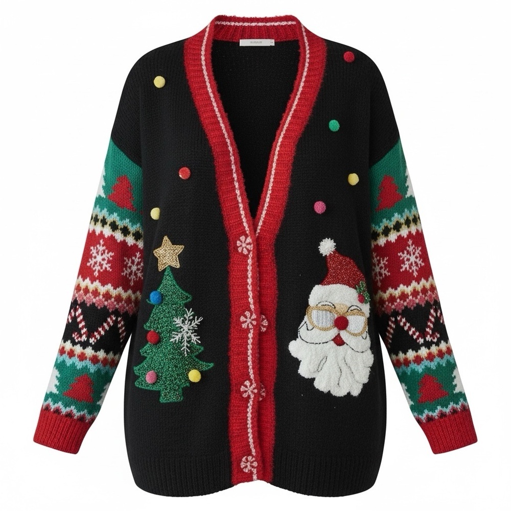 Holiday Christmas Knit Cardigan Sweater Sequined Embroidered Enhancements Large